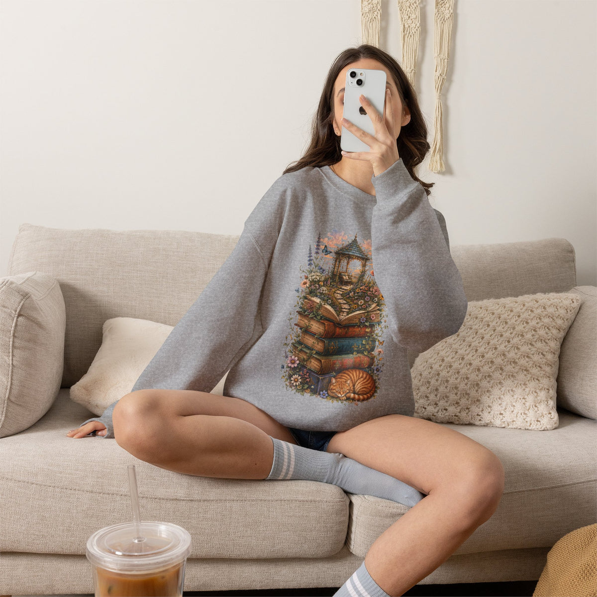 Book Lover Garden Sweatshirt – Cozy Cat, Books and Wildflowers Crewneck