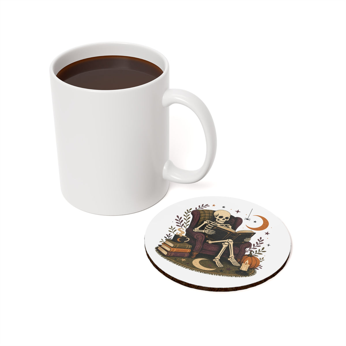 Reading Skeleton Coaster Cork Back Coaster | Halloween Pumpkin Moon Candle