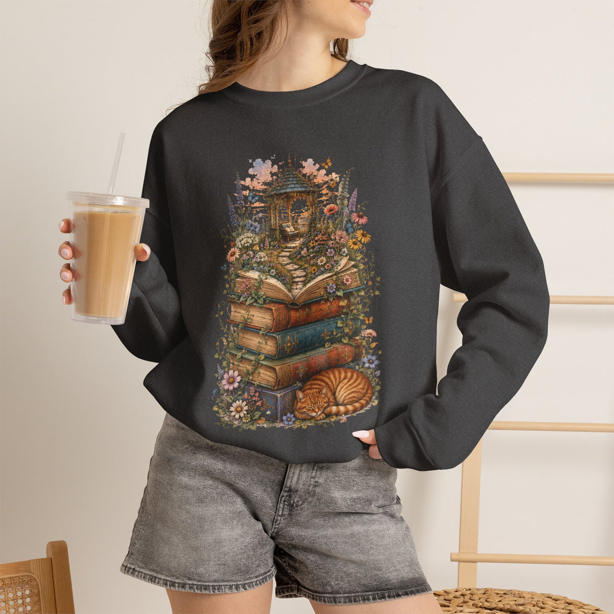 Book Lover Garden Sweatshirt – Cozy Cat, Books and Wildflowers Crewneck