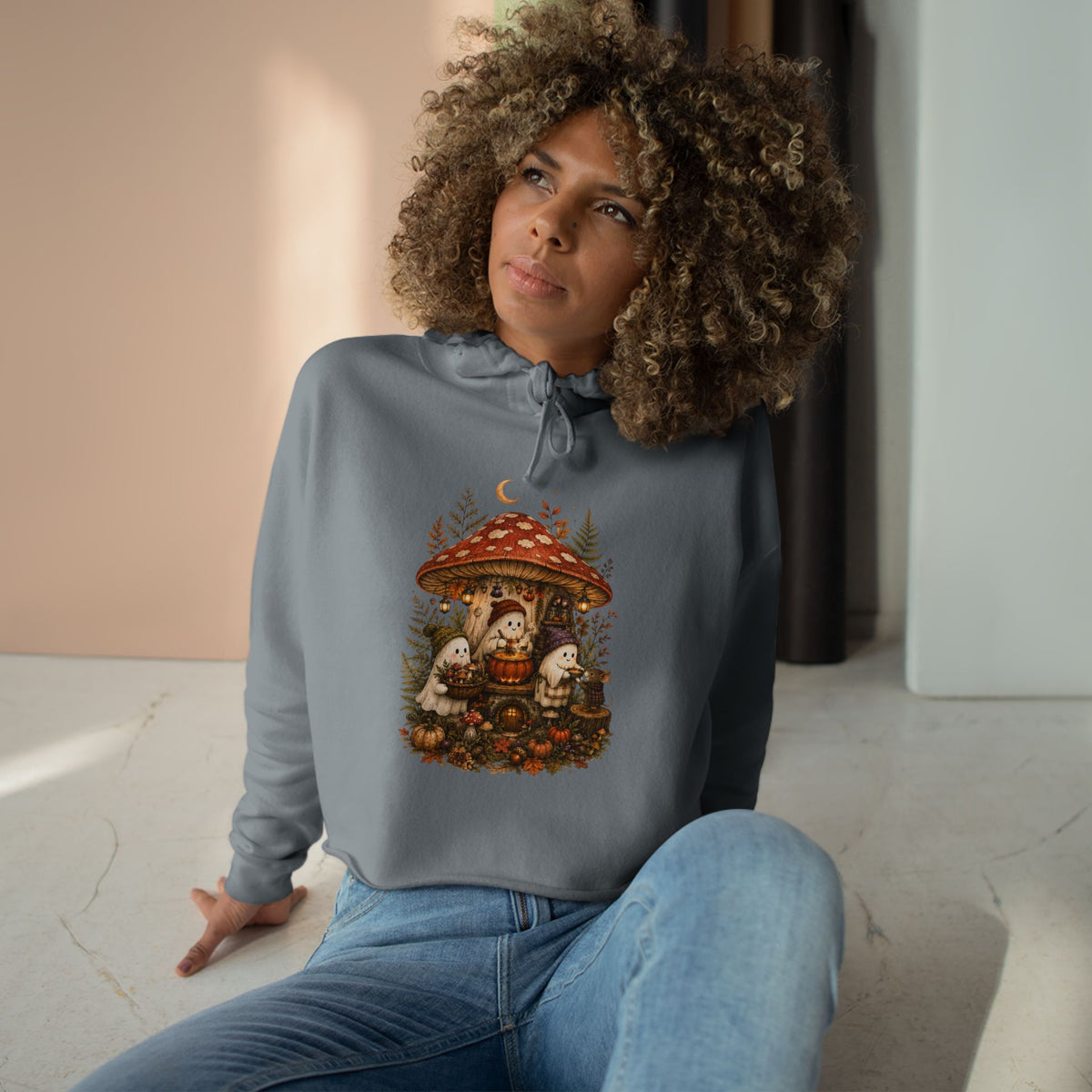 Mushroom Forest Cottage Crop Hoodie | Cute Woodland Gnome Illustration