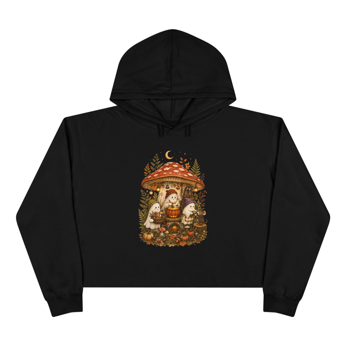 Mushroom Forest Cottage Crop Hoodie | Cute Woodland Gnome Illustration