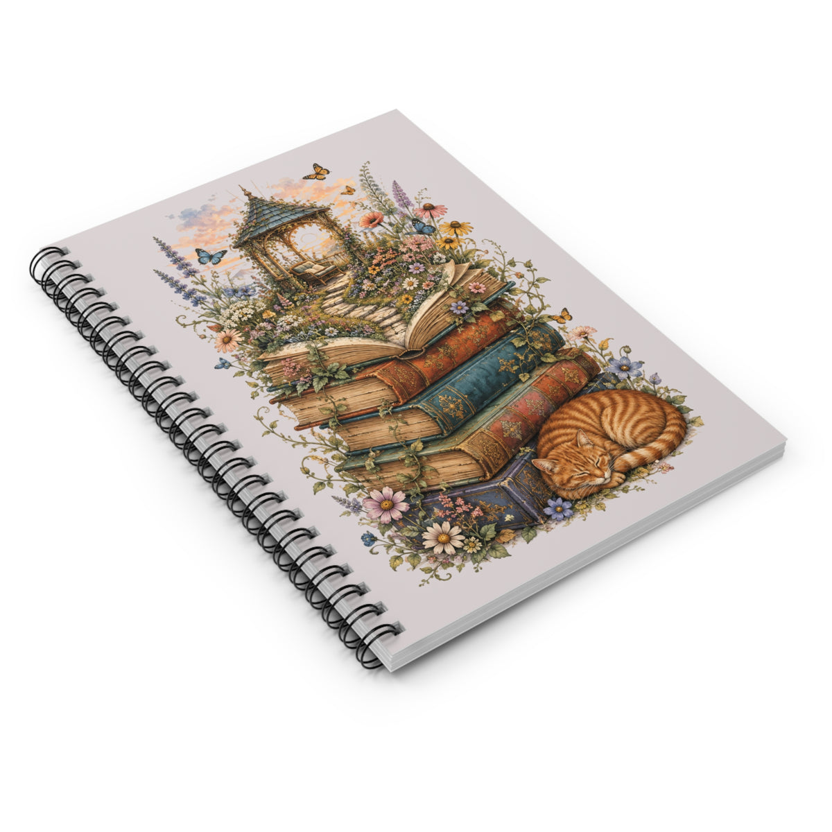 Whimsical Book Stack with Garden Gazebo Spiral Notebook