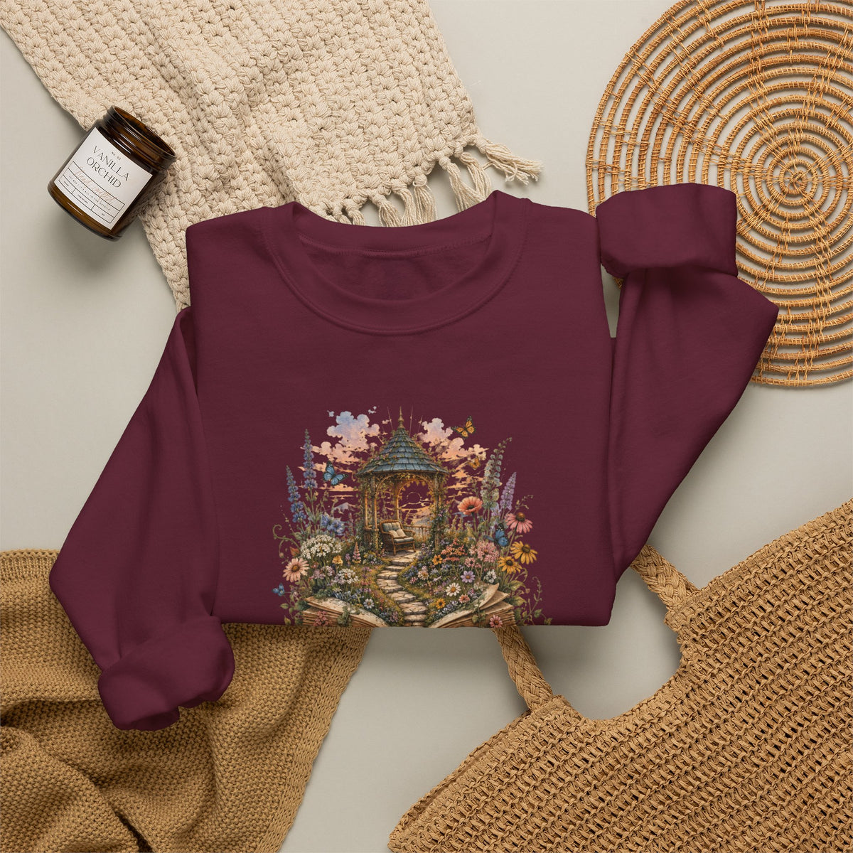 Book Lover Garden Sweatshirt – Cozy Cat, Books and Wildflowers Crewneck
