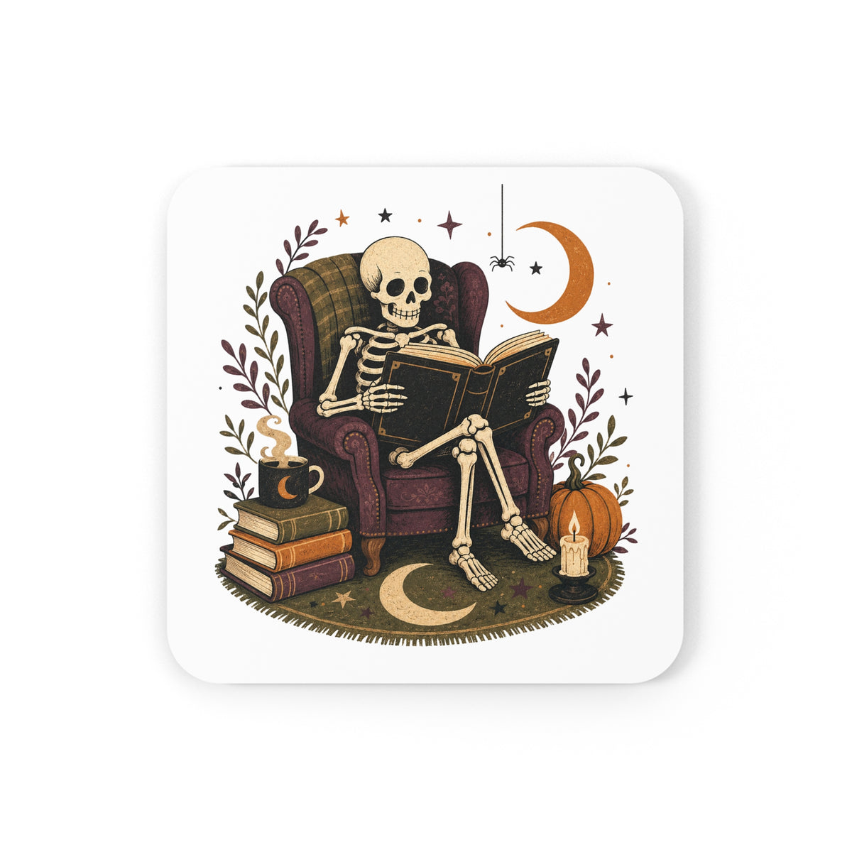 Reading Skeleton Coaster Cork Back Coaster | Halloween Pumpkin Moon Candle
