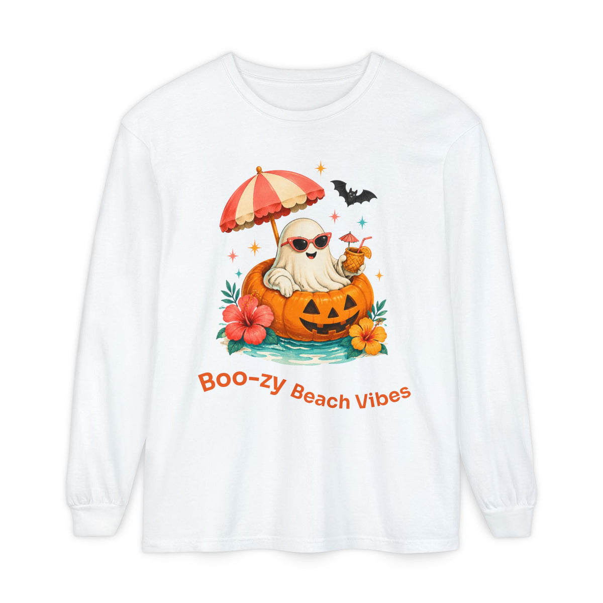 Boo-zy Beach Vibes Ghost Long Sleeve T-Shirt | Halloween Pumpkin Beach