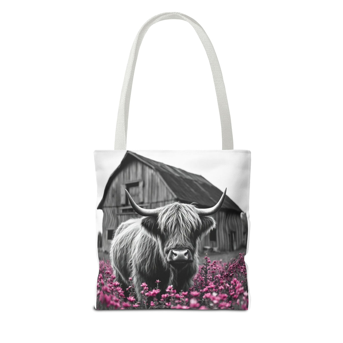 Black and White Highland Cow Tote Bag - Floral Design