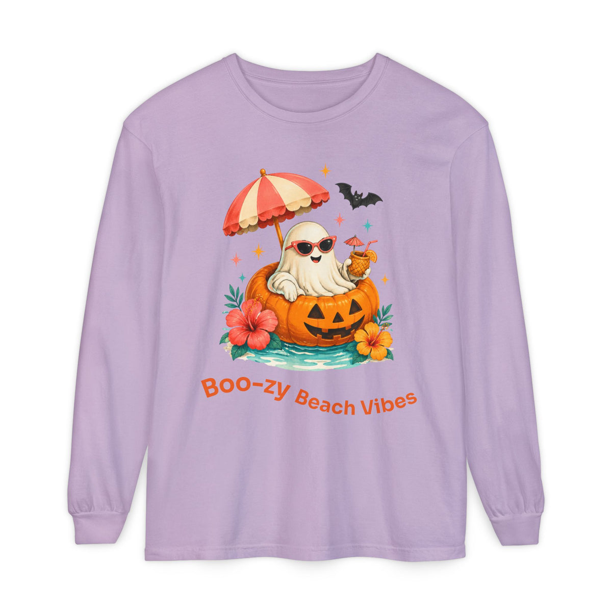 Boo-zy Beach Vibes Ghost Long Sleeve T-Shirt | Halloween Pumpkin Beach