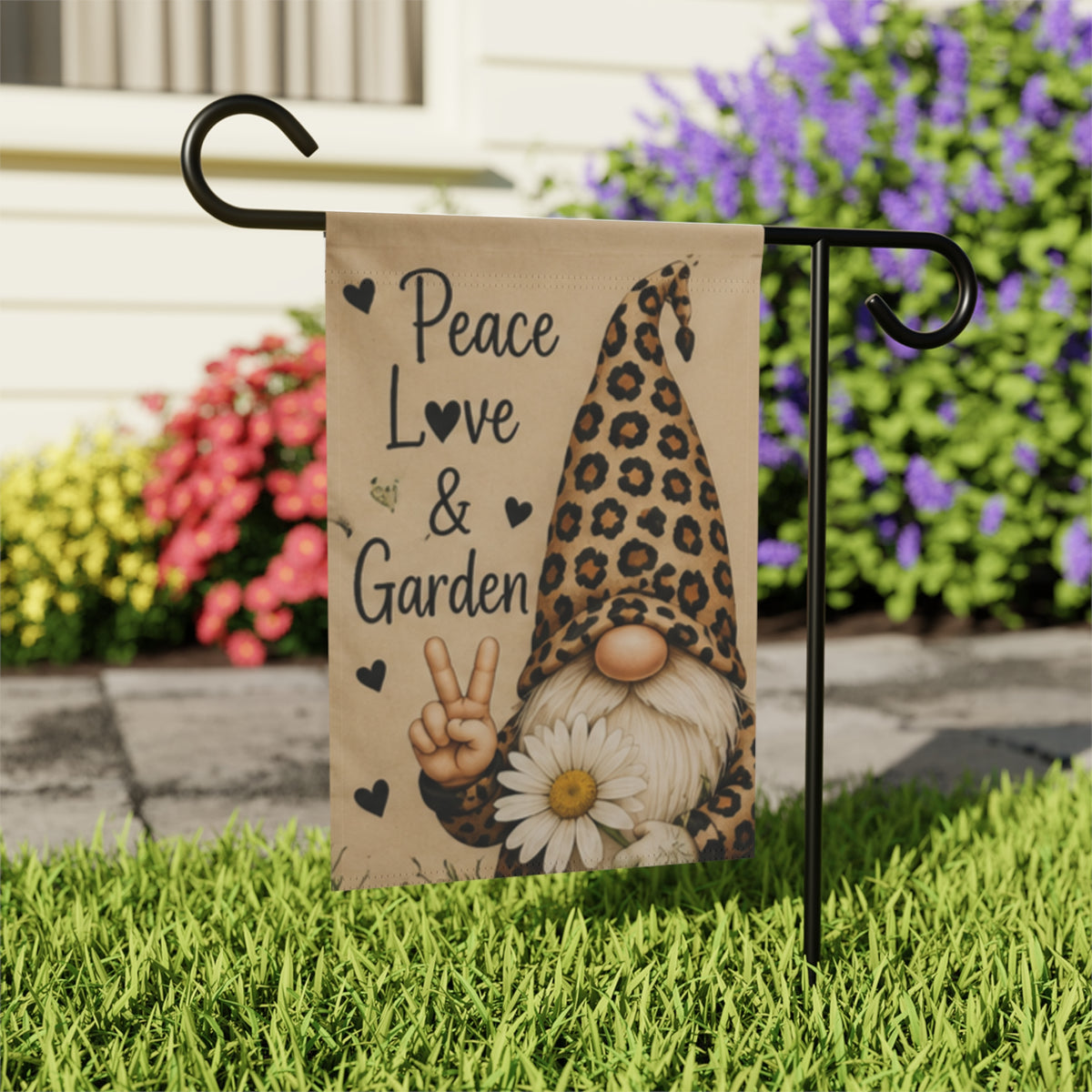 Peace, Love & Garden Gnome Garden Flag — Leopard Print Gnome Decorative Yard Banner