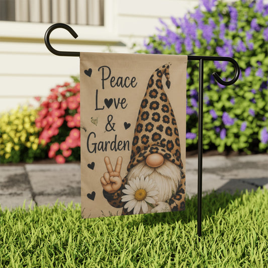 Peace, Love & Garden Gnome Garden Flag — Leopard Print Gnome Decorative Yard Banner