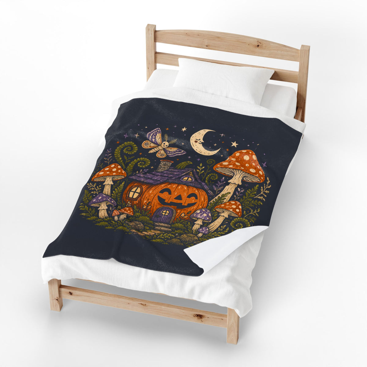 Jack-o'-Lantern Mushroom Cottage Blanket | Halloween Pumpkin Moon Illustration