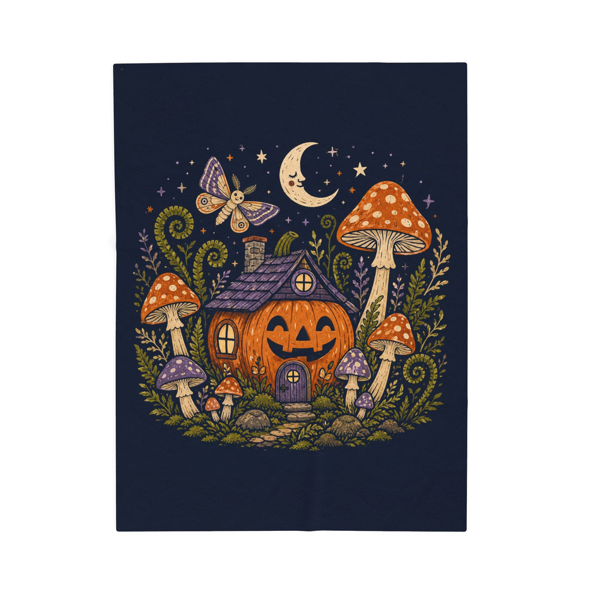 Jack-o'-Lantern Mushroom Cottage Blanket | Halloween Pumpkin Moon Illustration