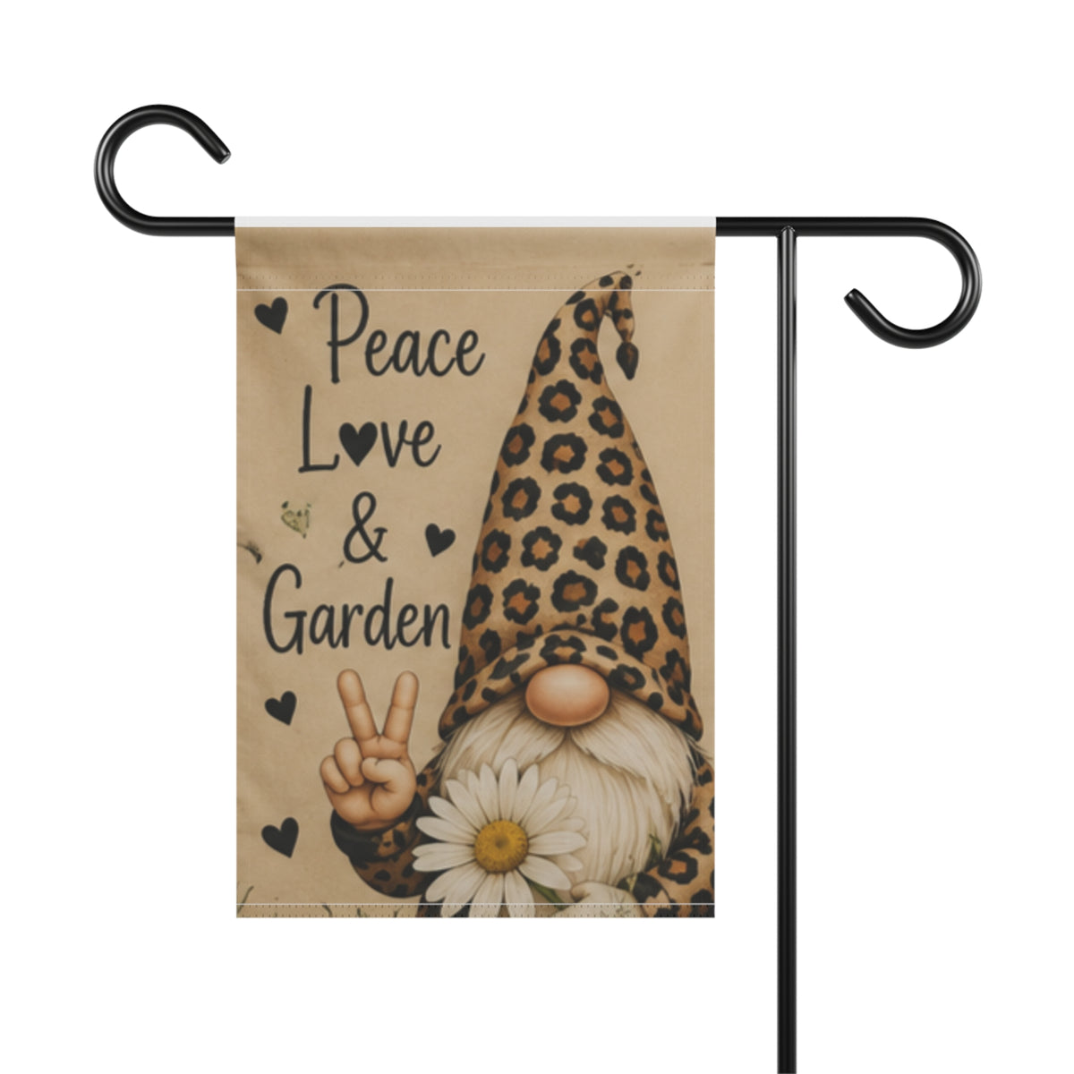 Peace, Love & Garden Gnome Garden Flag — Leopard Print Gnome Decorative Yard Banner