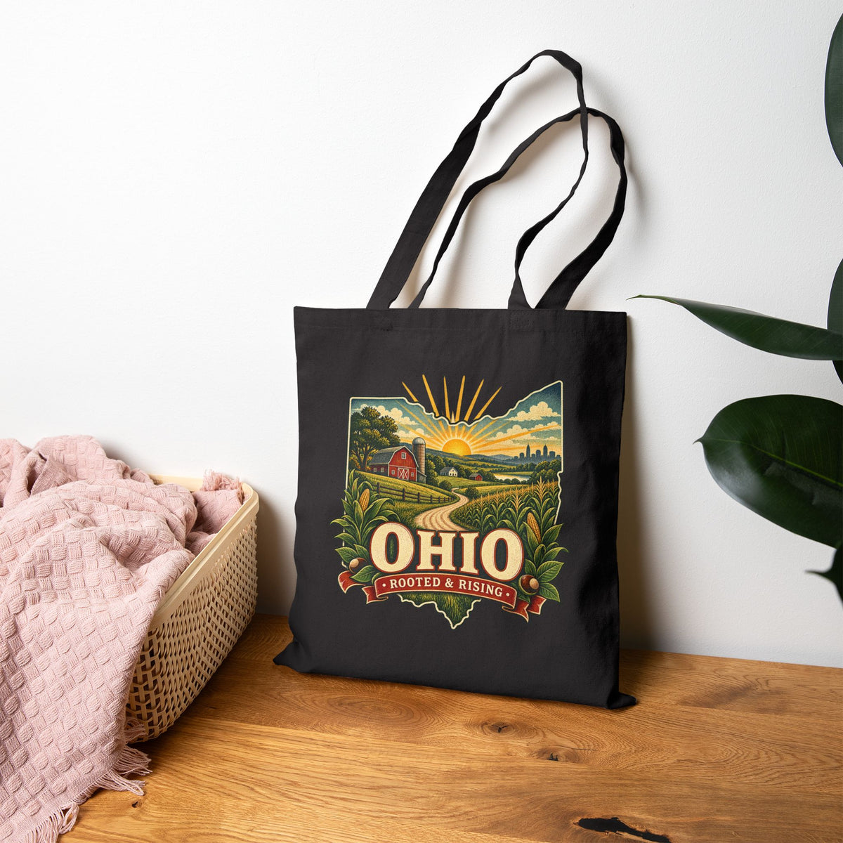 Ohio sunrise landscape Tote Bag | state map, vintage farm scene