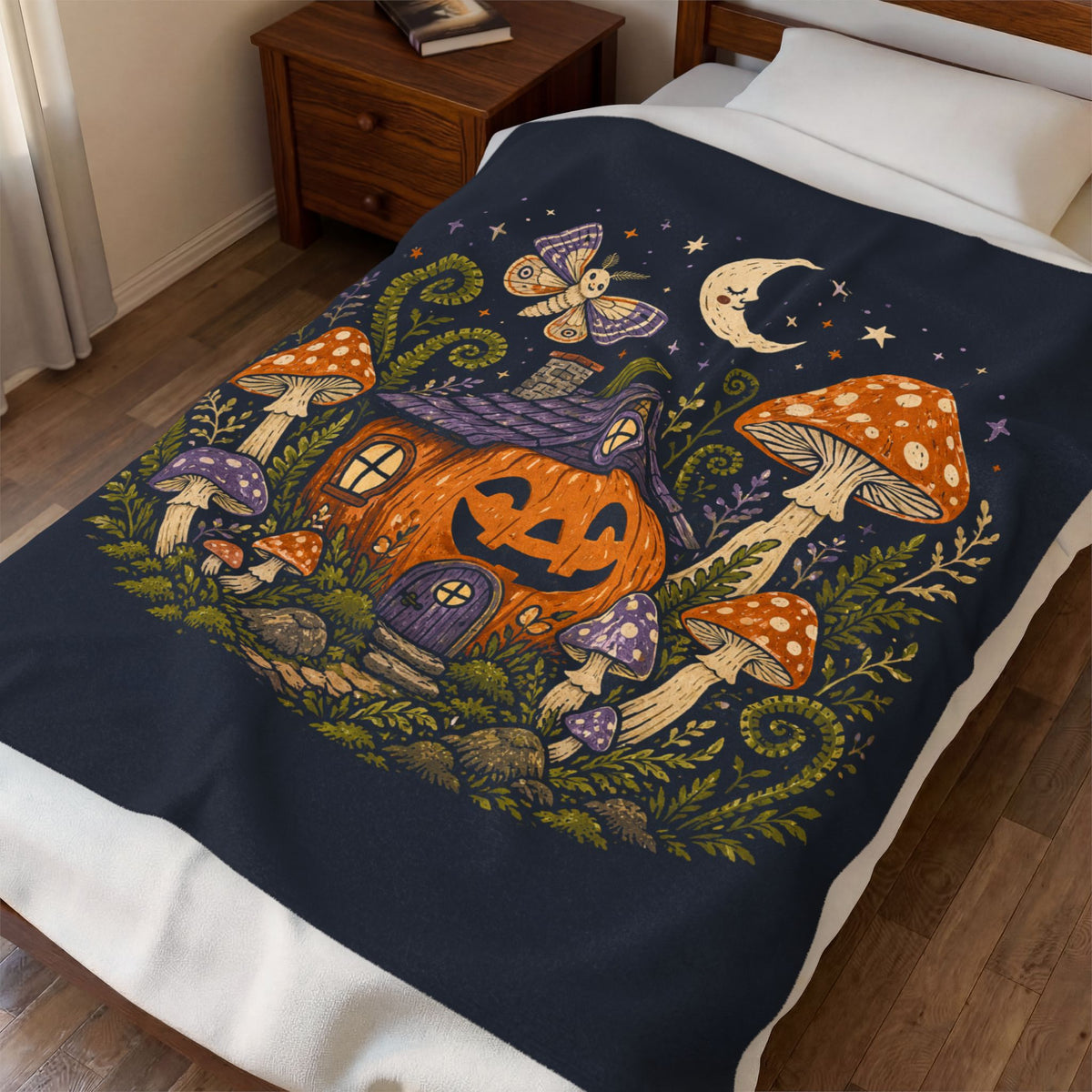 Jack-o'-Lantern Mushroom Cottage Blanket | Halloween Pumpkin Moon Illustration