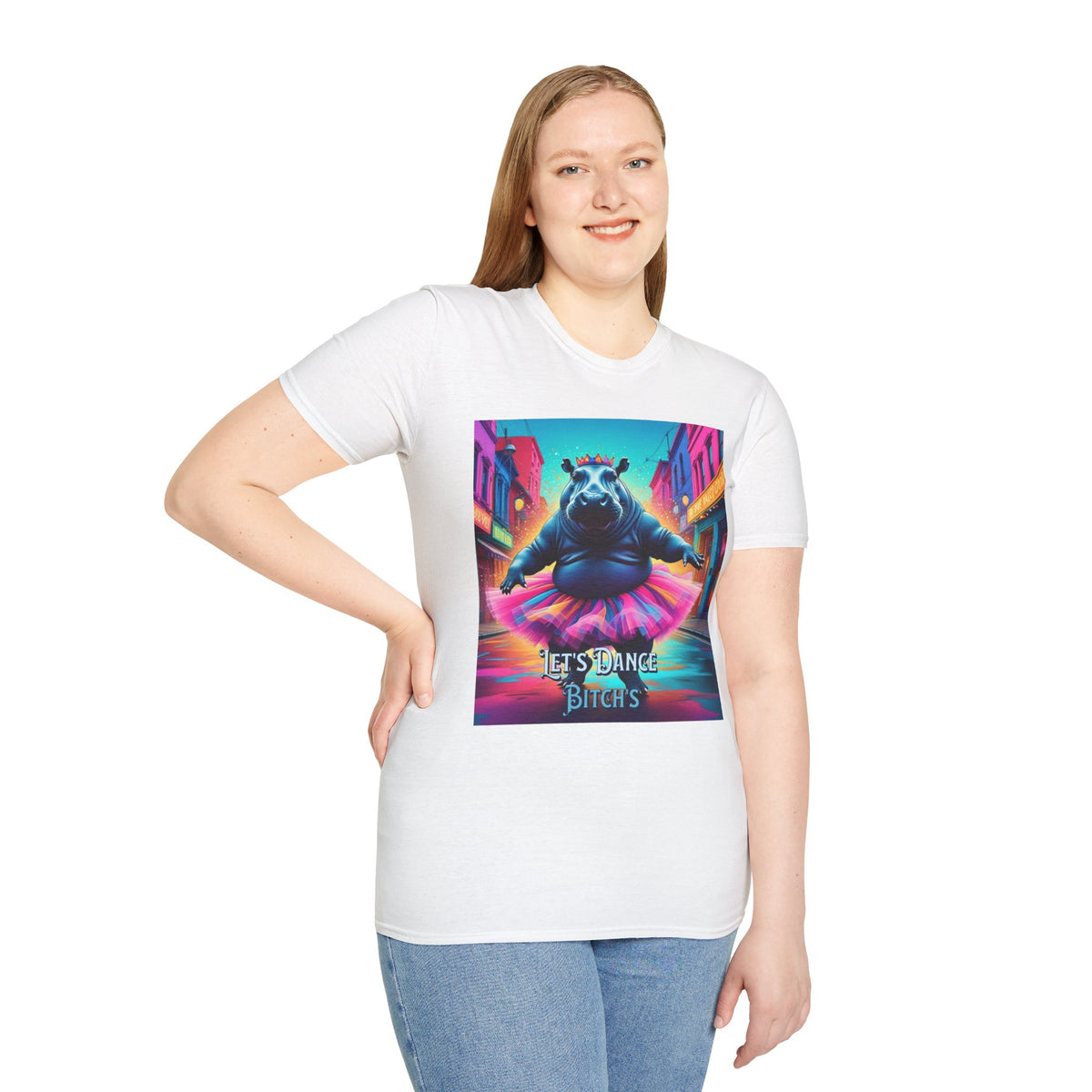 Dancing Hippo Street Scene T-Shirt | Neon Retro Graphic