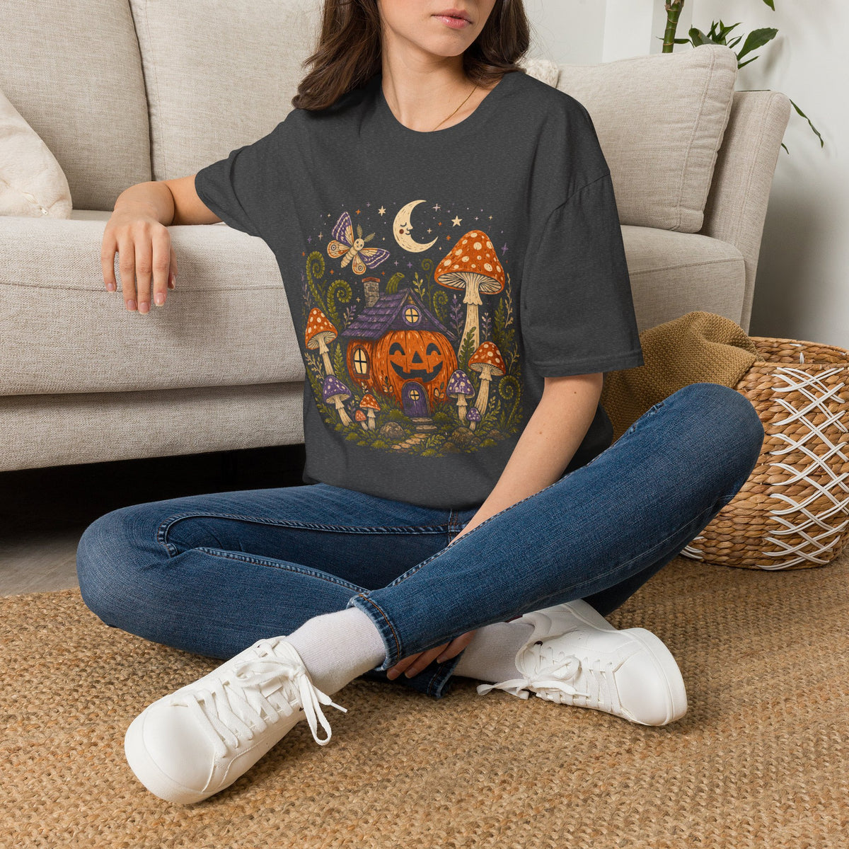 Whimsical Mushroom Cottage Halloween T-Shirt | Moonlit Moth Illustration