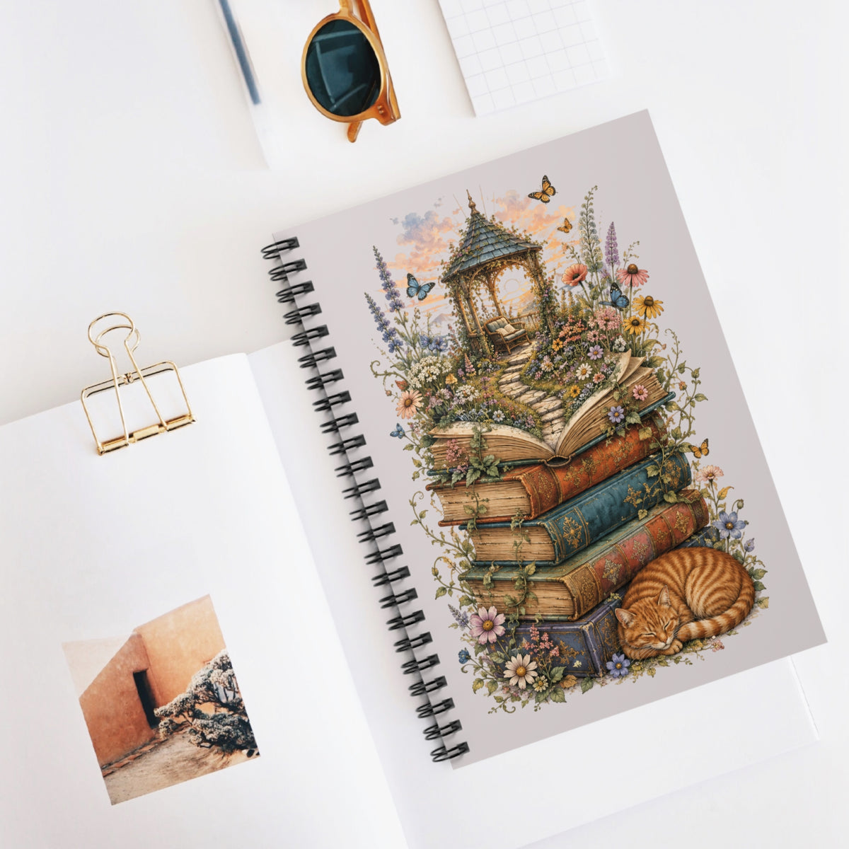 Whimsical Book Stack with Garden Gazebo Spiral Notebook