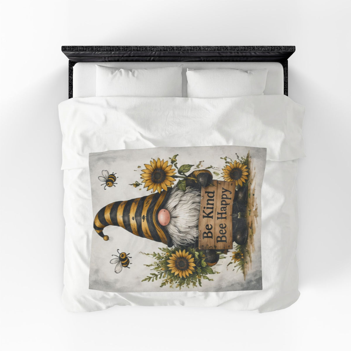 Be Kind Bee Happy Gnome Velveteen Blanket | Sunflower Bee Plush Throw