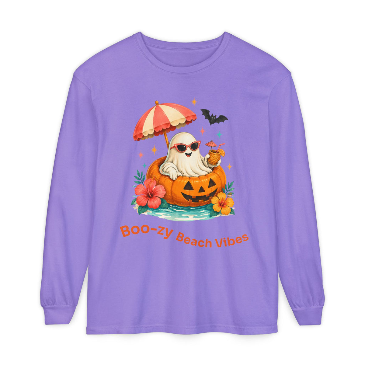 Boo-zy Beach Vibes Ghost Long Sleeve T-Shirt | Halloween Pumpkin Beach