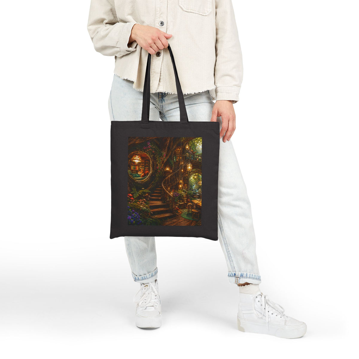 Cozy Fantasy Cottage Illustration Tote | Magical Woodland Cabin Art