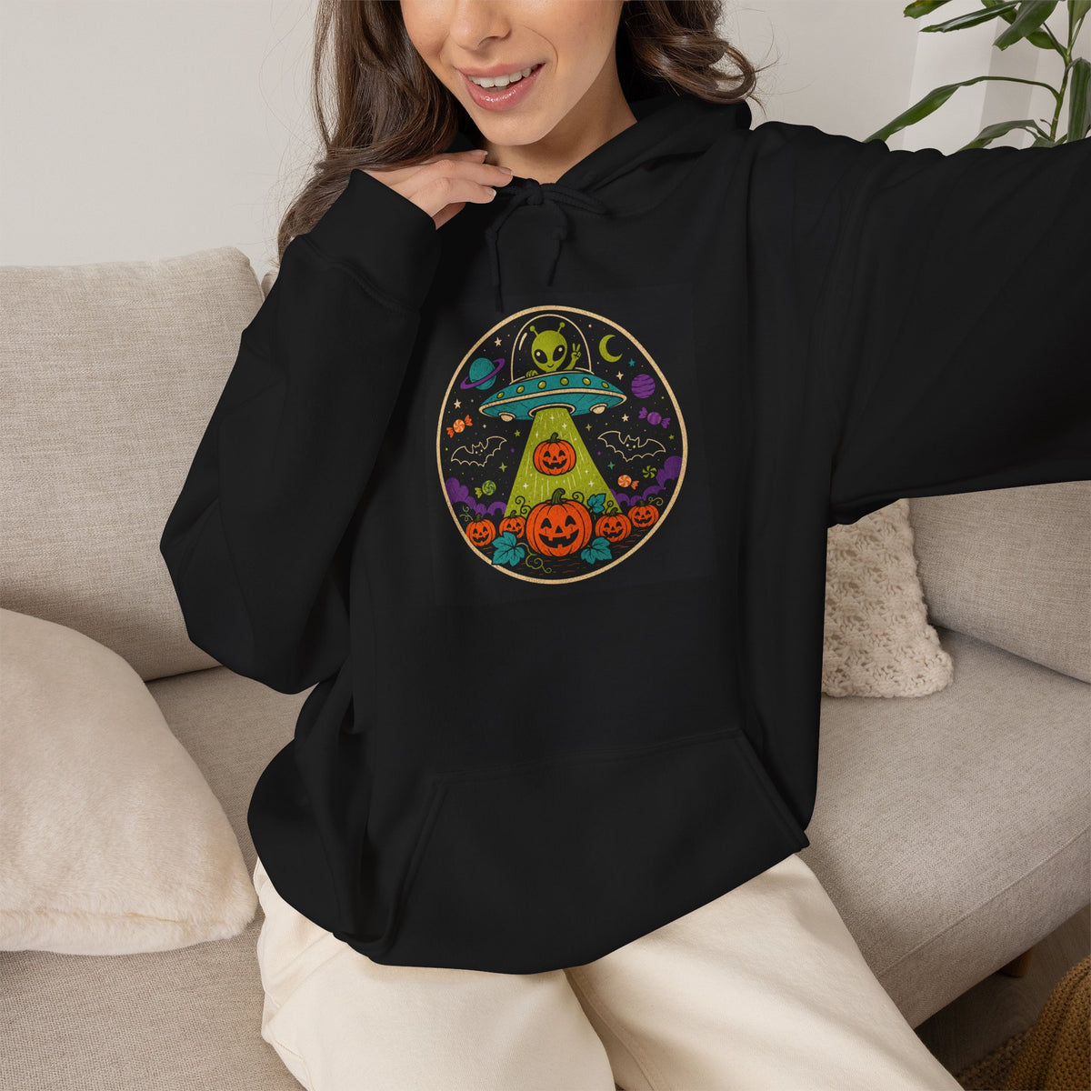 Alien Pumpkin Abduction Hoodie | Halloween UFO Skull Cosmic Design