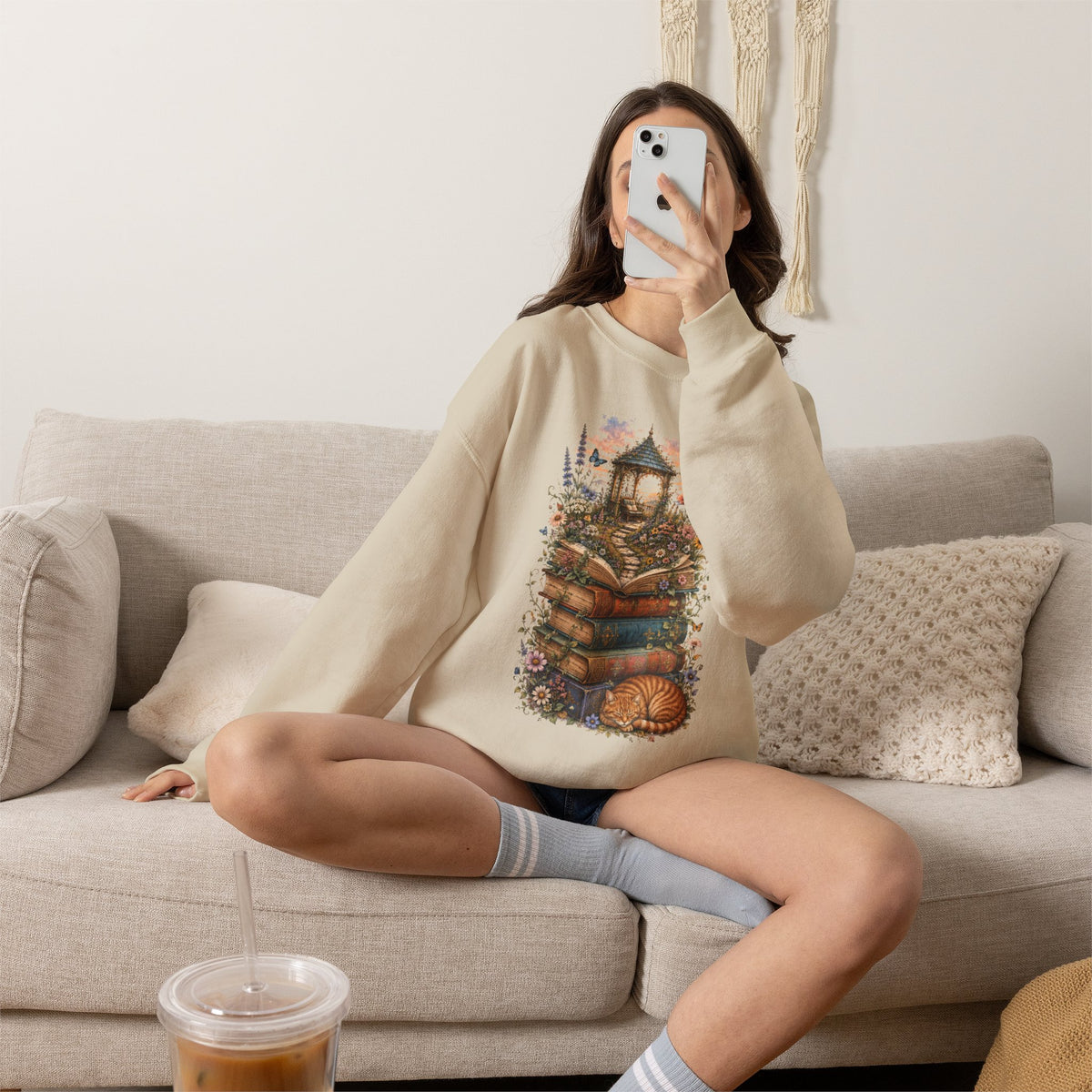 Book Lover Garden Sweatshirt – Cozy Cat, Books and Wildflowers Crewneck