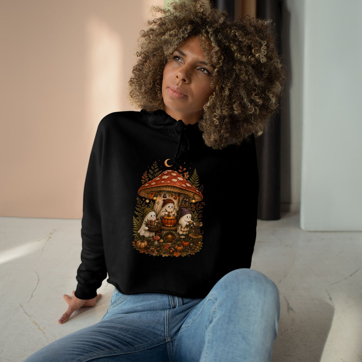 Mushroom Forest Cottage Crop Hoodie | Cute Woodland Gnome Illustration