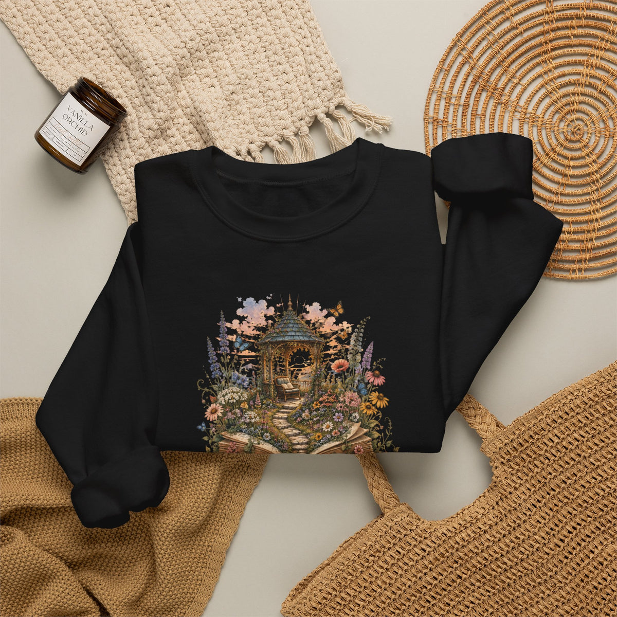Book Lover Garden Sweatshirt – Cozy Cat, Books and Wildflowers Crewneck