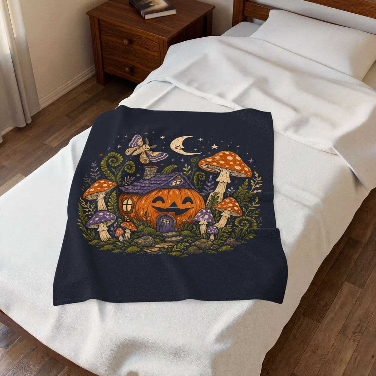 Jack-o'-Lantern Mushroom Cottage Blanket | Halloween Pumpkin Moon Illustration