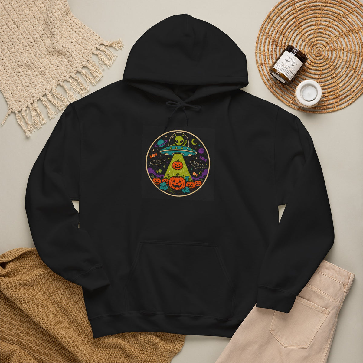 Alien Pumpkin Abduction Hoodie | Halloween UFO Skull Cosmic Design