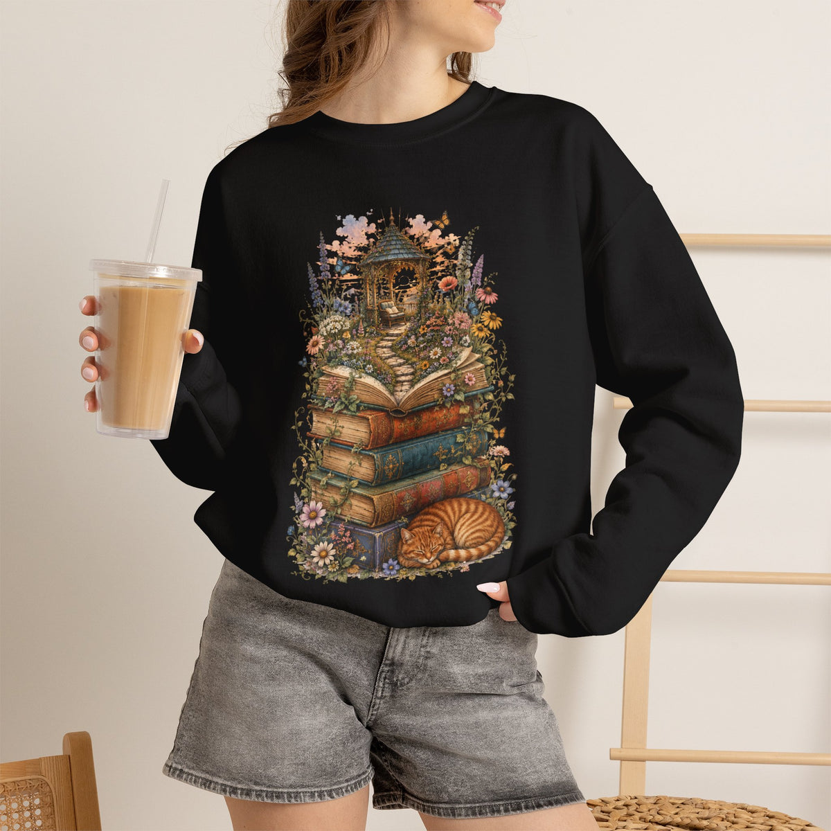 Book Lover Garden Sweatshirt – Cozy Cat, Books and Wildflowers Crewneck