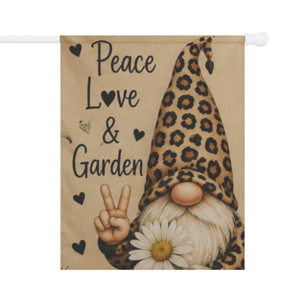 Peace, Love & Garden Gnome Garden Flag — Leopard Print Gnome Decorative Yard Banner