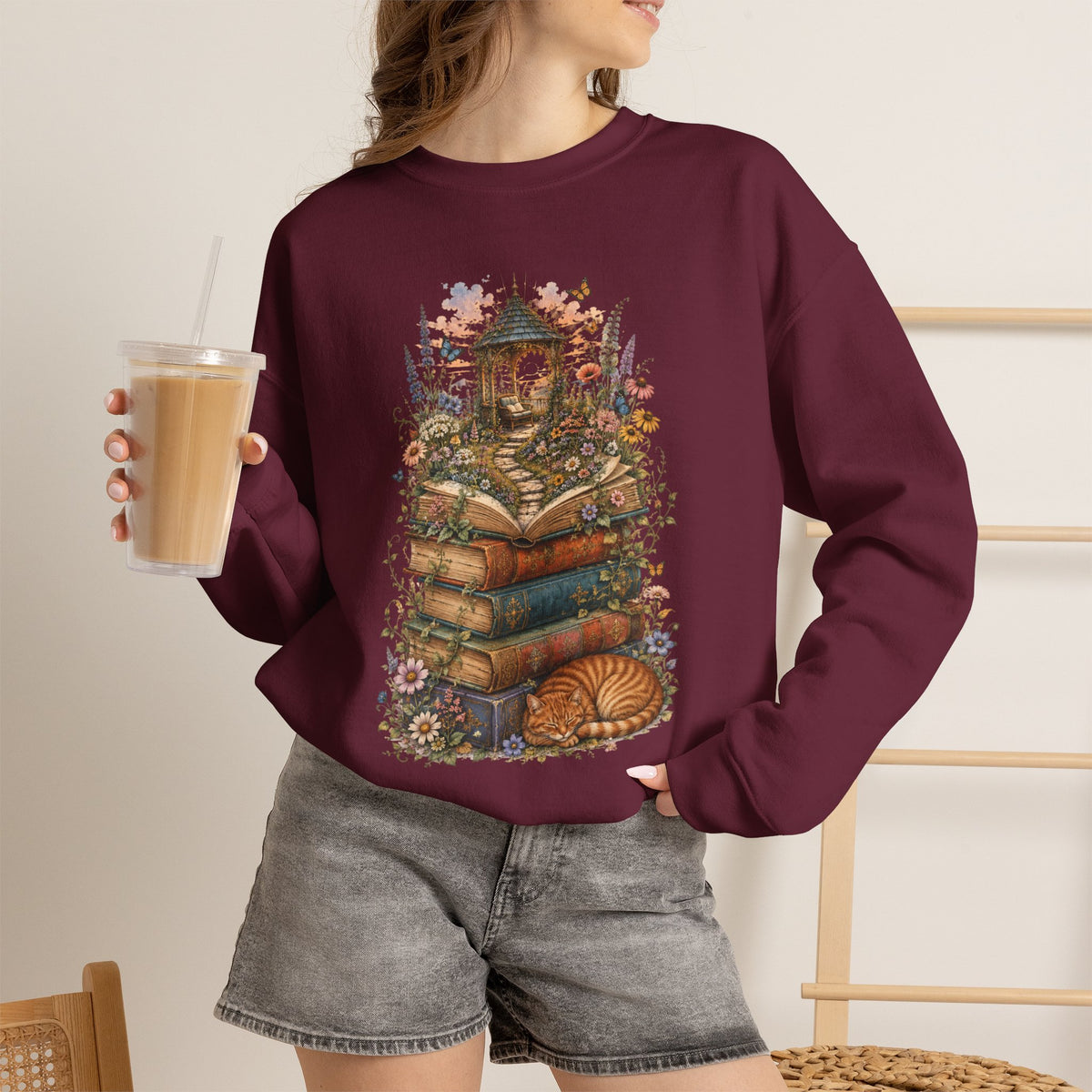 Book Lover Garden Sweatshirt – Cozy Cat, Books and Wildflowers Crewneck