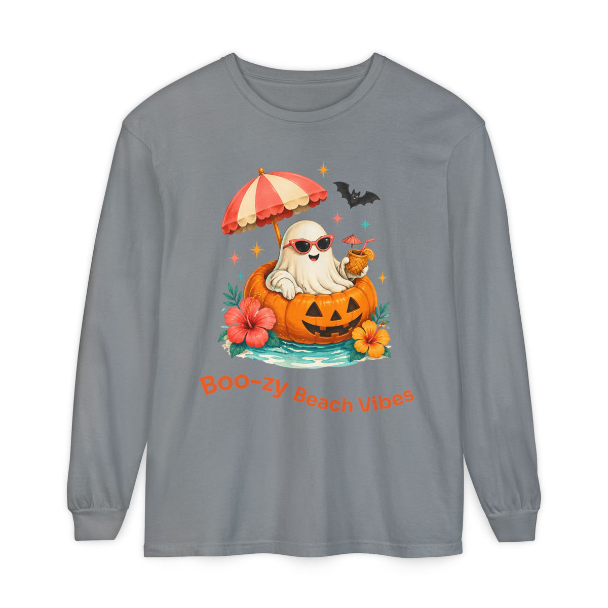 Boo-zy Beach Vibes Ghost Long Sleeve T-Shirt | Halloween Pumpkin Beach