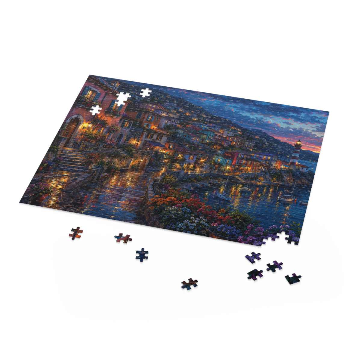 Coastal Village Twilight Scene Puzzle
