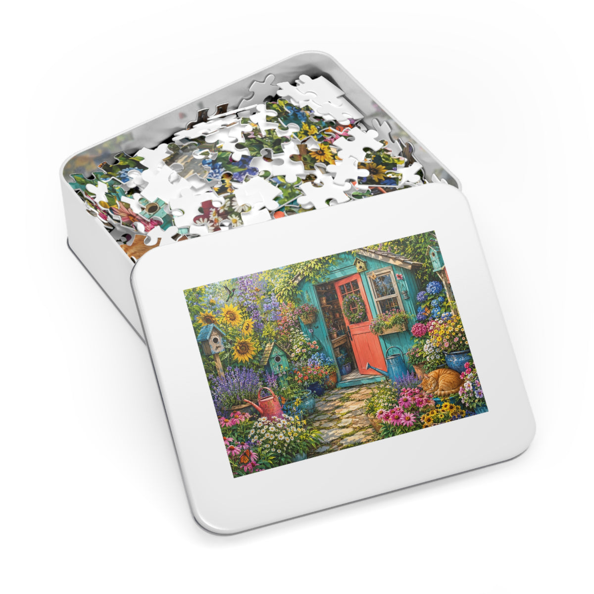 Cottage Garden Scene Jigsaw Puzzle with Tin | Floral Shed, Cat, Birdhouses
