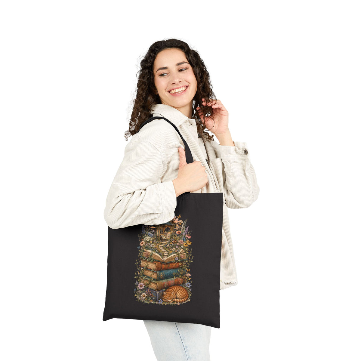 Whimsical Book Stack with Lantern Tote Bag | Autumn Floral Reader Tote