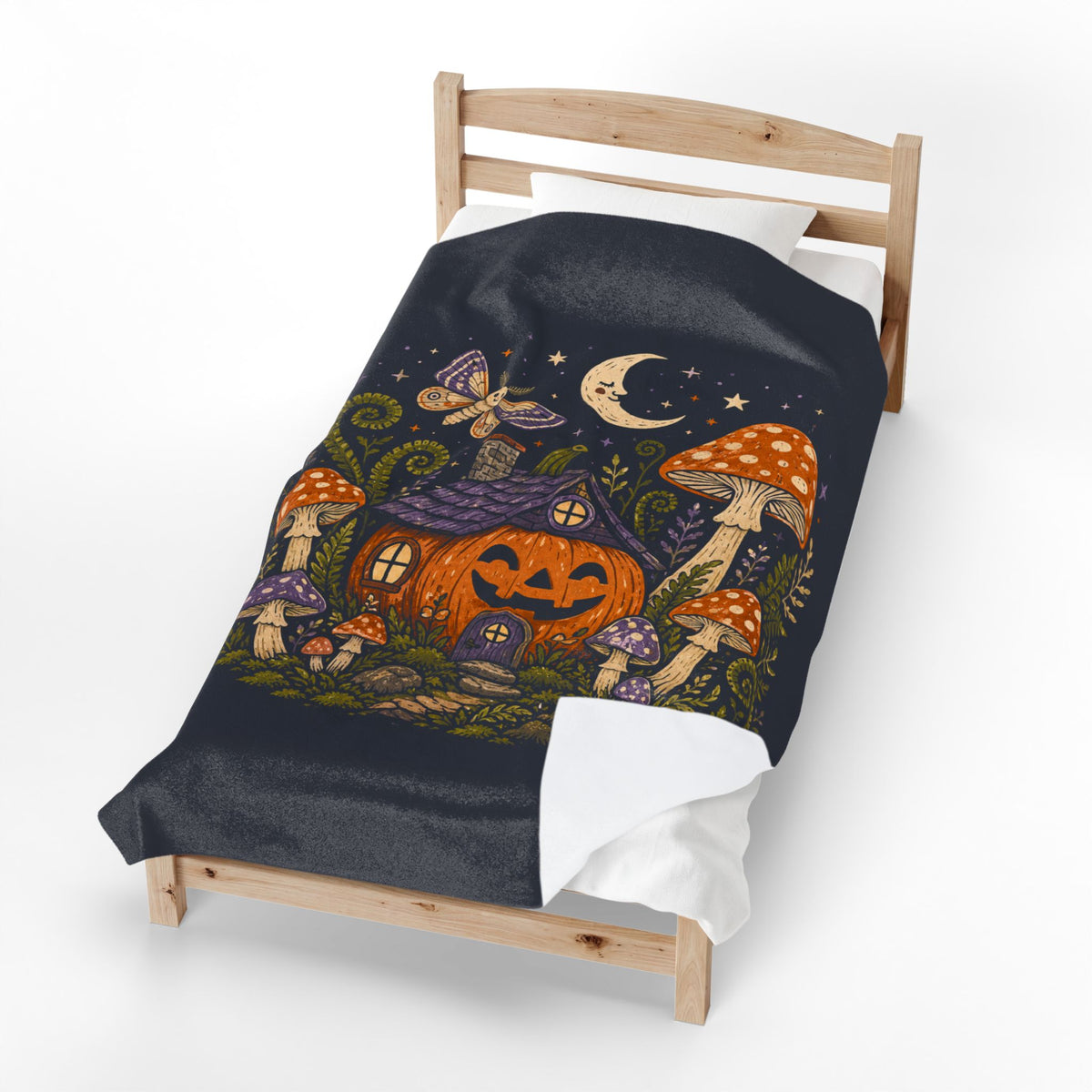 Jack-o'-Lantern Mushroom Cottage Blanket | Halloween Pumpkin Moon Illustration