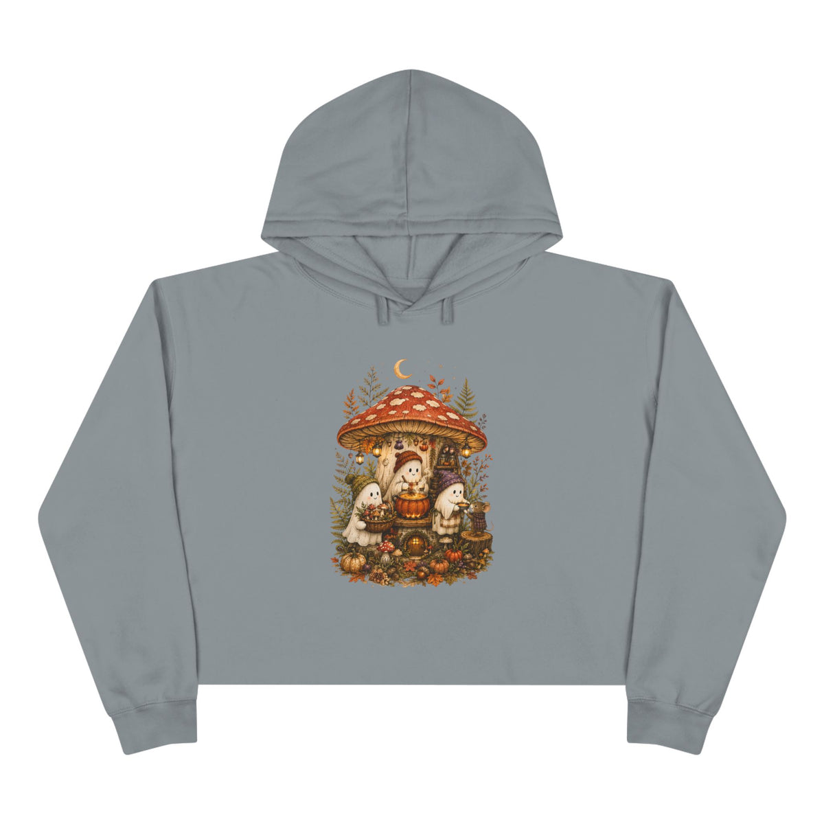 Mushroom Forest Cottage Crop Hoodie | Cute Woodland Gnome Illustration