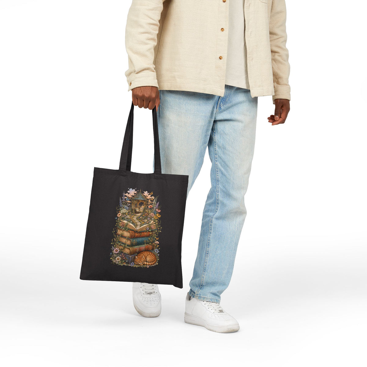 Whimsical Book Stack with Lantern Tote Bag | Autumn Floral Reader Tote