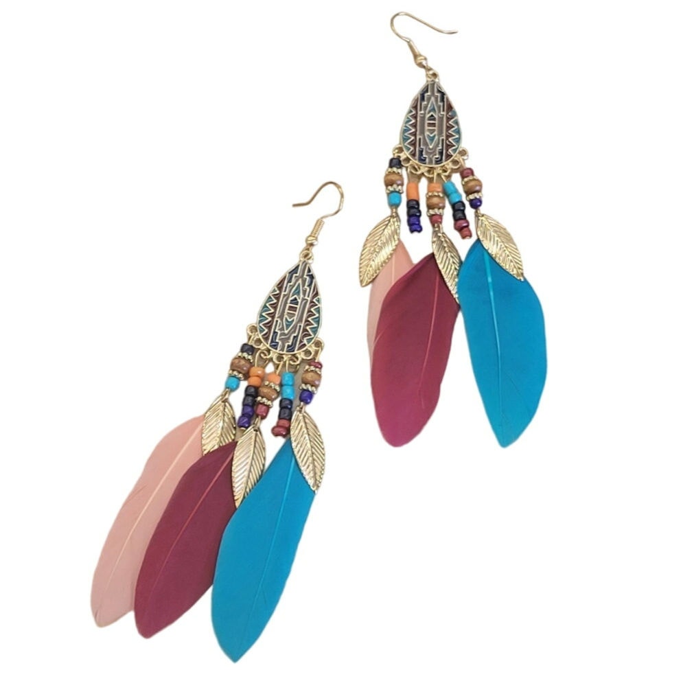 Multicolor dangle Feathers and Beaded Earrings