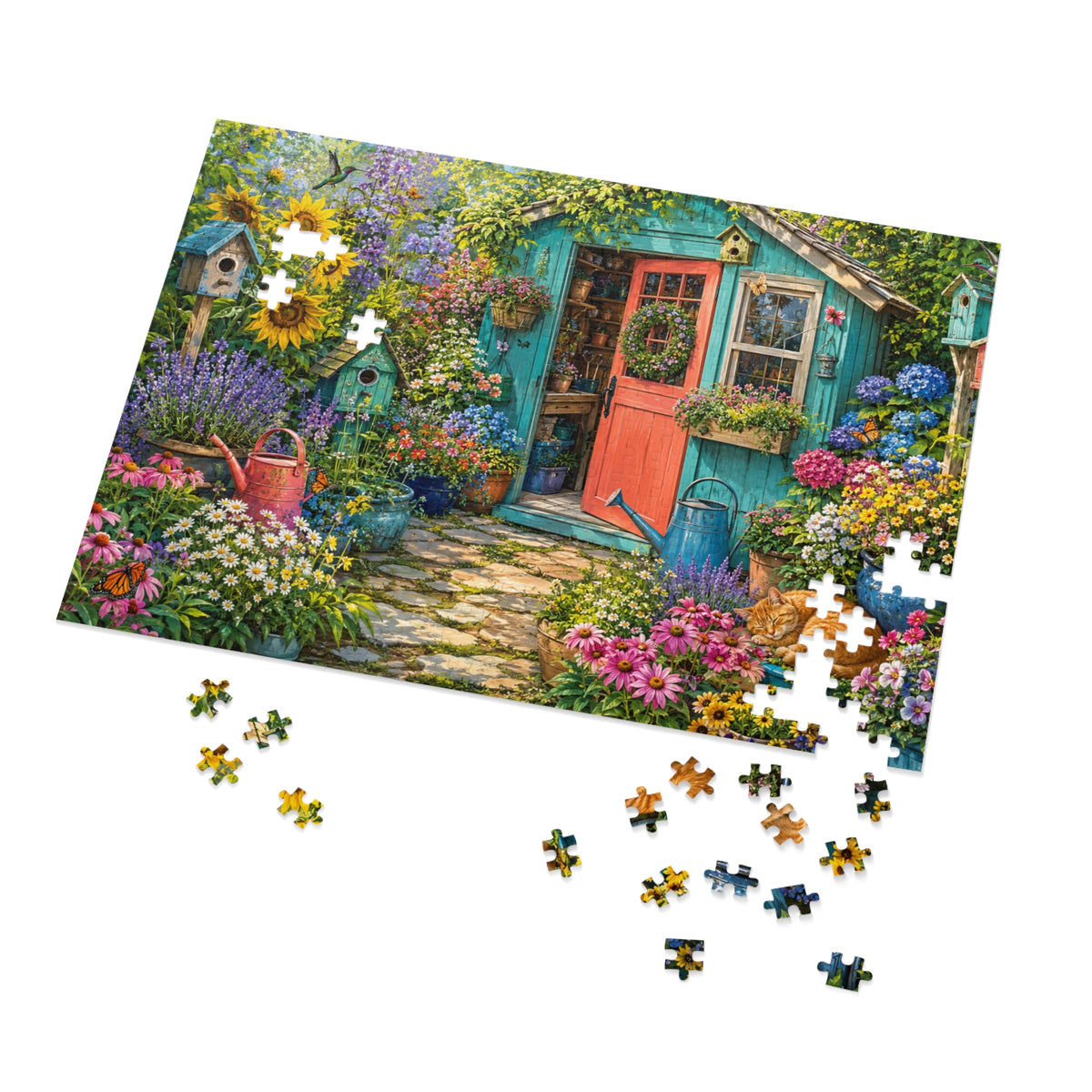 Cottage Garden Scene Jigsaw Puzzle with Tin | Floral Shed, Cat, Birdhouses