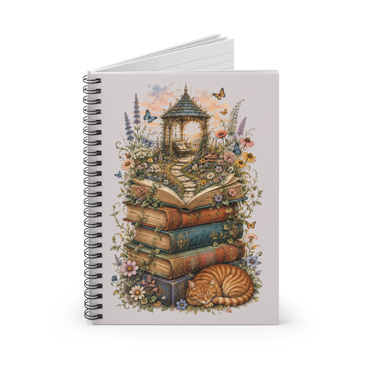 Whimsical Book Stack with Garden Gazebo Spiral Notebook