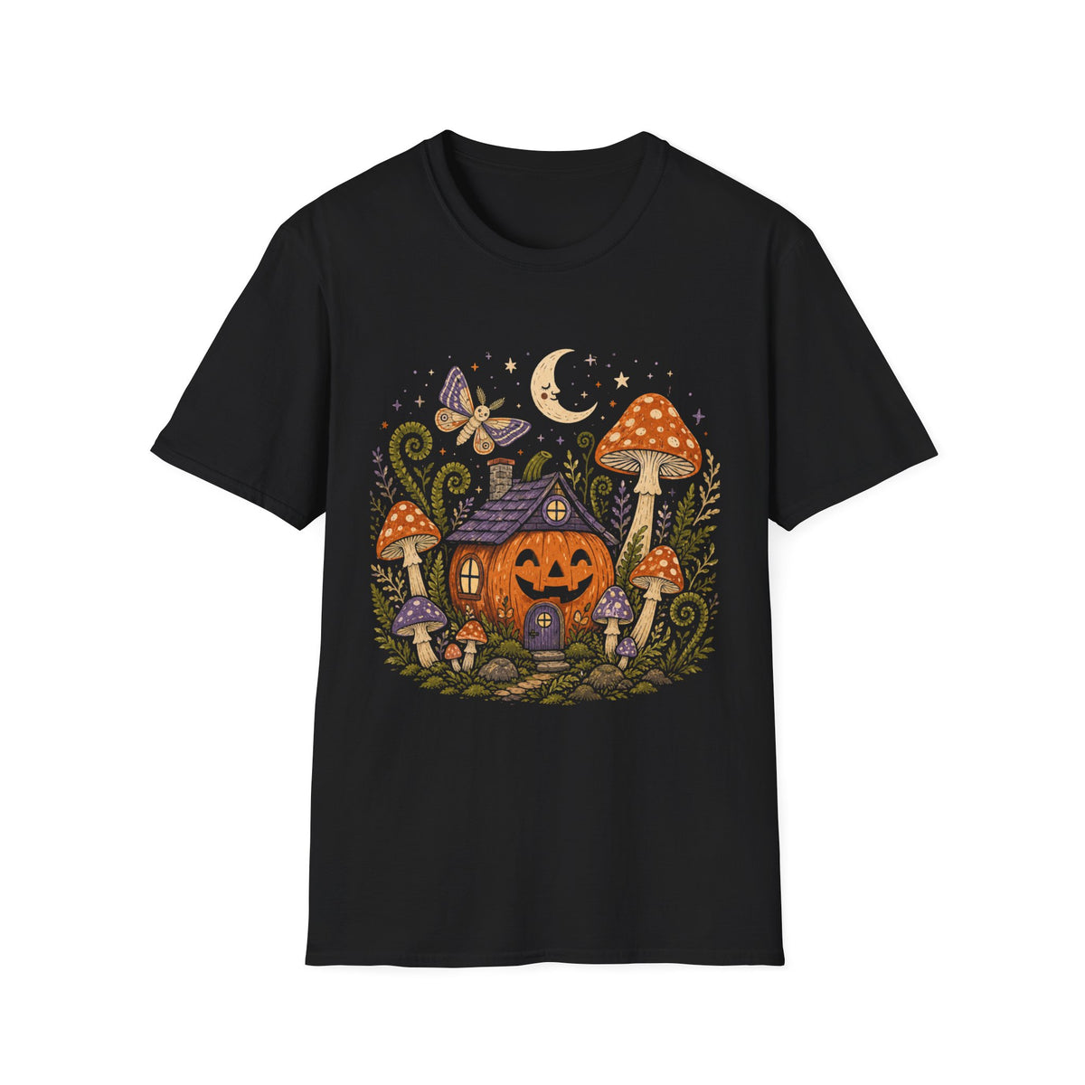 Whimsical Mushroom Cottage Halloween T-Shirt | Moonlit Moth Illustration