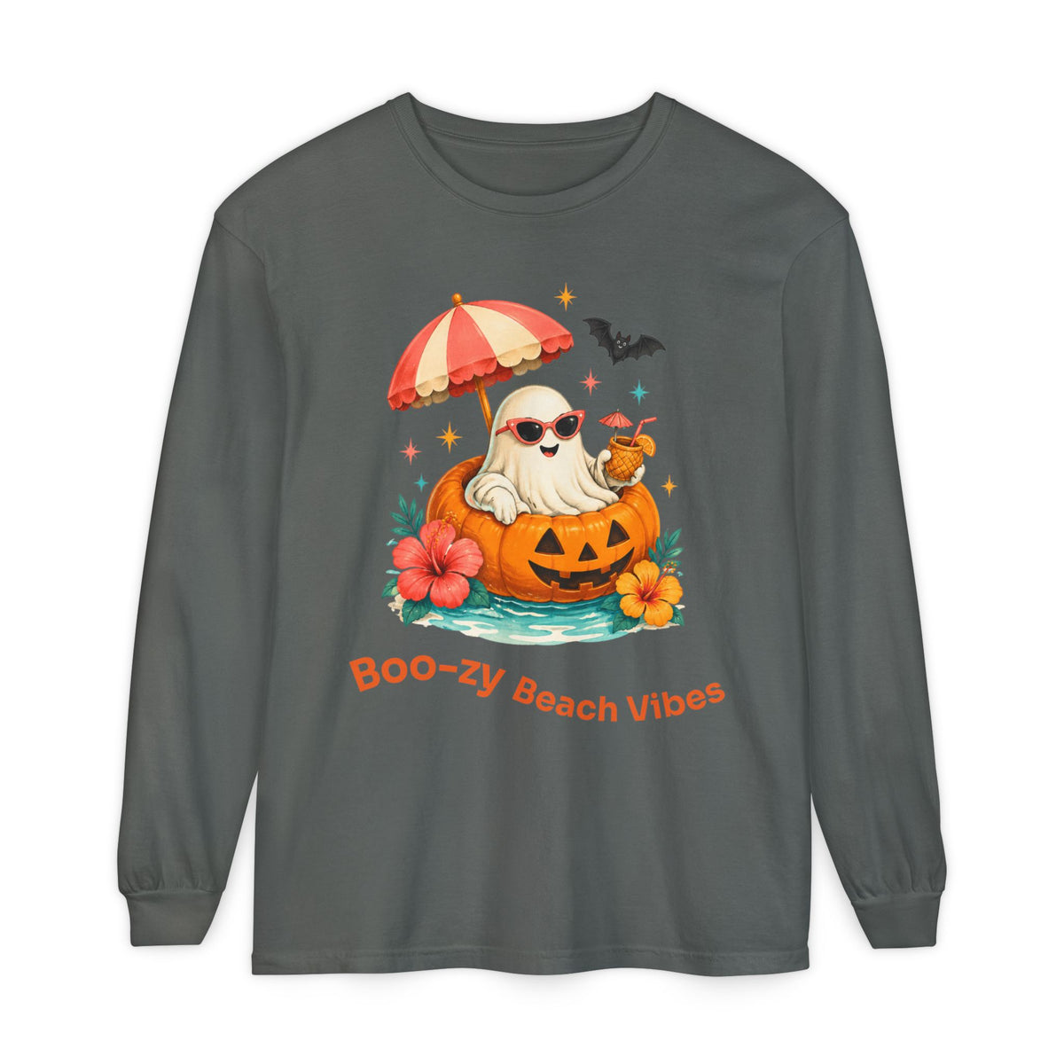 Boo-zy Beach Vibes Ghost Long Sleeve T-Shirt | Halloween Pumpkin Beach