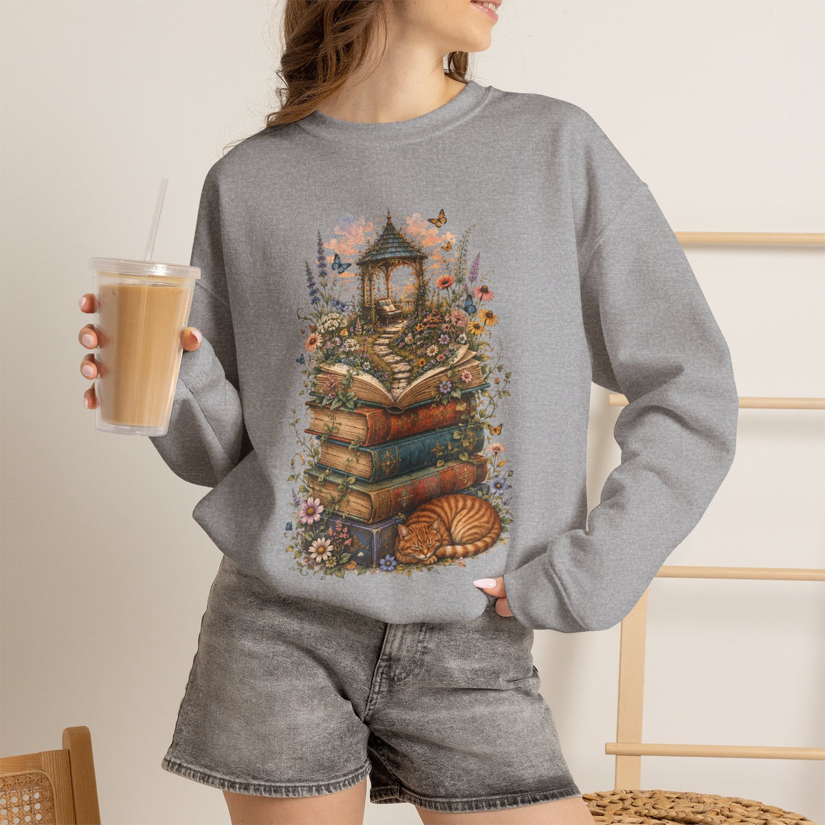 Book Lover Garden Sweatshirt – Cozy Cat, Books and Wildflowers Crewneck
