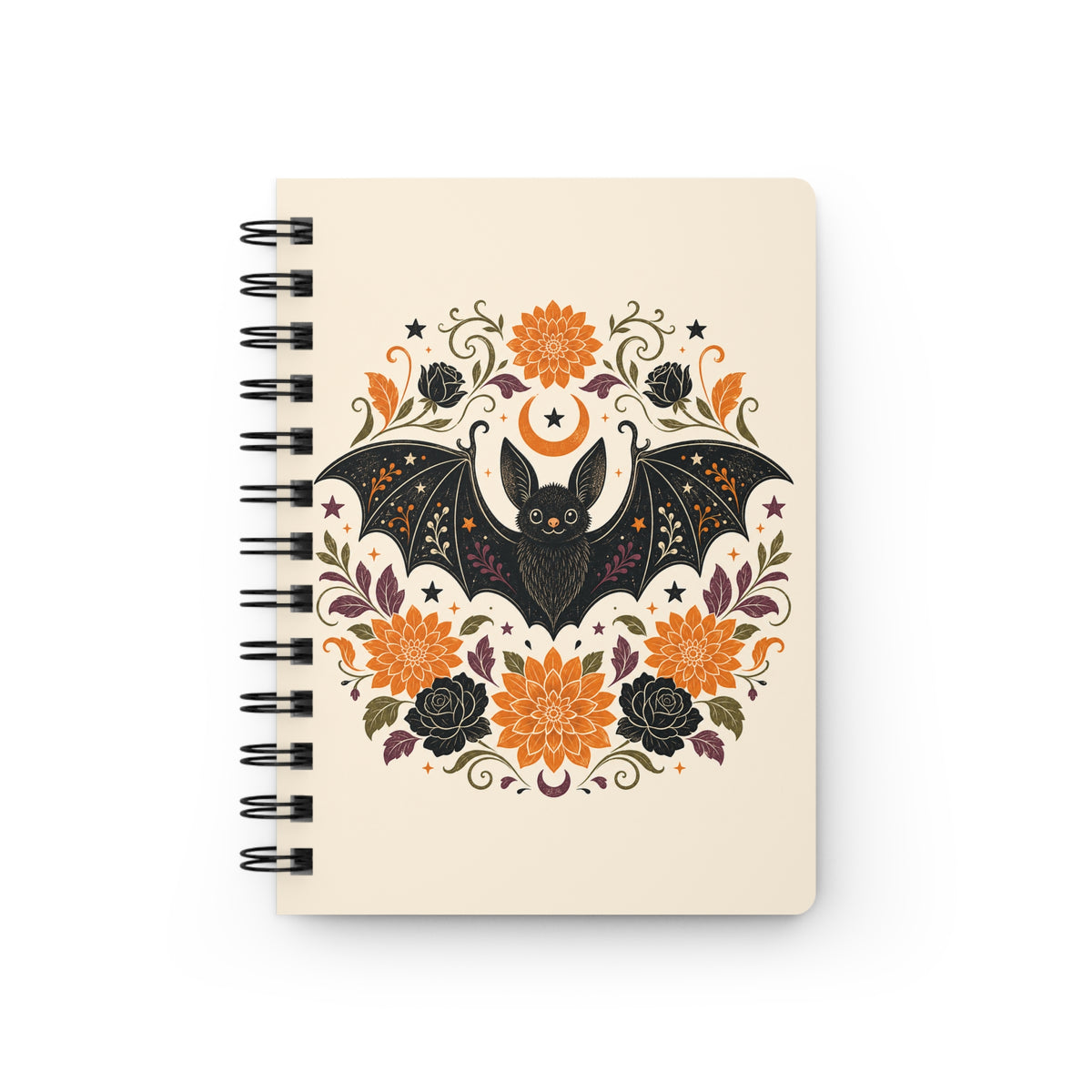 Bat Floral Journal — Halloween-Inspired Spiral Notebook with Crescent Moon & Orange Black Flower Design