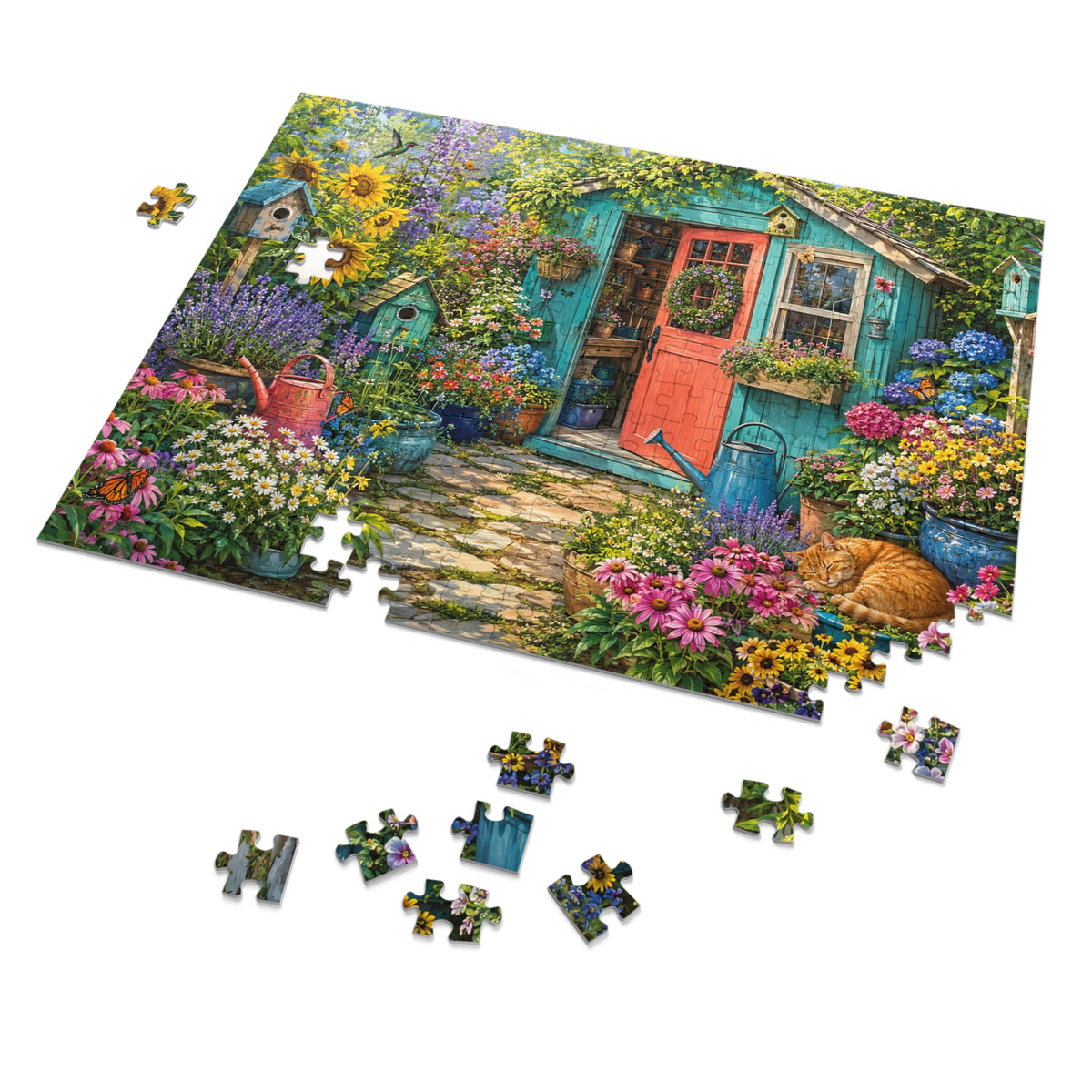 Cottage Garden Scene Jigsaw Puzzle with Tin | Floral Shed, Cat, Birdhouses