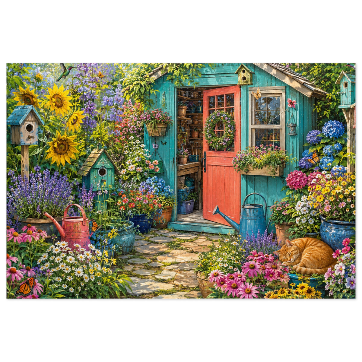 Cottage Garden Scene Jigsaw Puzzle with Tin | Floral Shed, Cat, Birdhouses