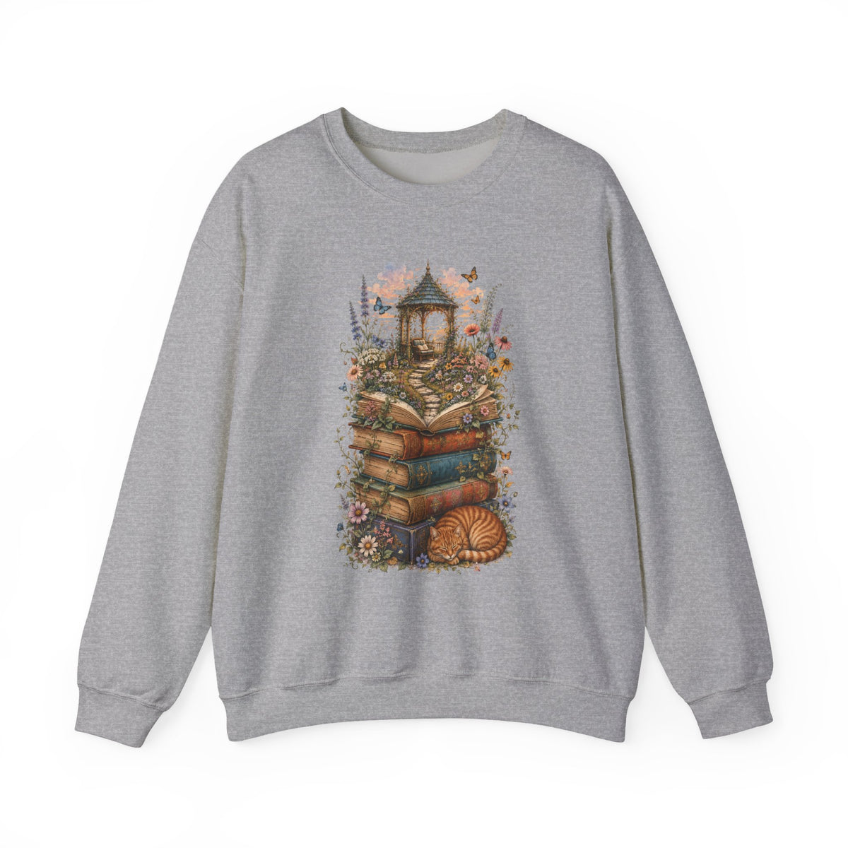 Book Lover Garden Sweatshirt – Cozy Cat, Books and Wildflowers Crewneck